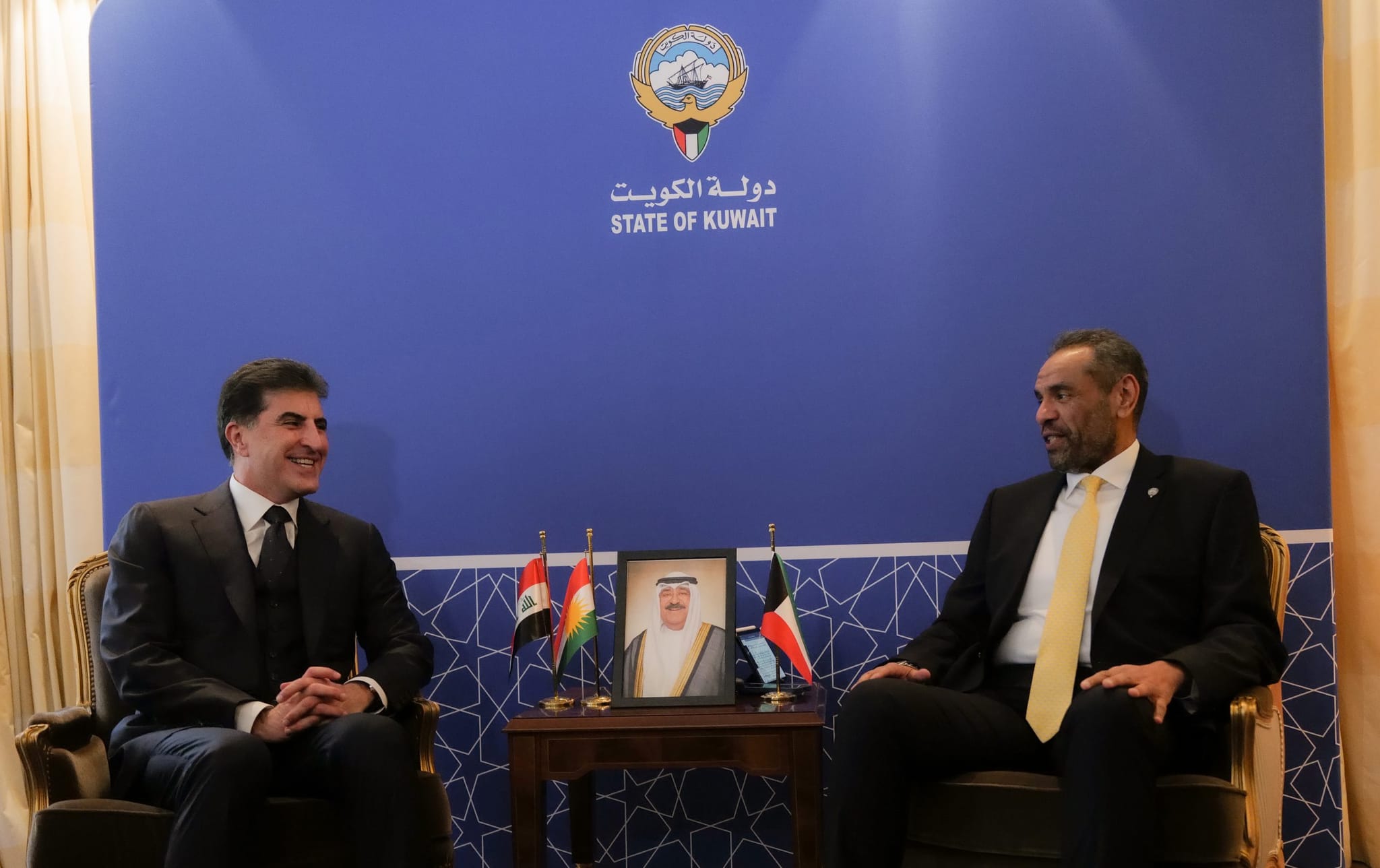 کۆبوونەوەی نێچیرڤان بارزانی، سەرۆکی هەرێمی کوردستان و عهبدوڵڵا عهلى ئهليهحيا، وەزیری دەرەوەی کوێت لە میونشن - وێنە: سەرۆکایەتیی هەرێمی کوردستان