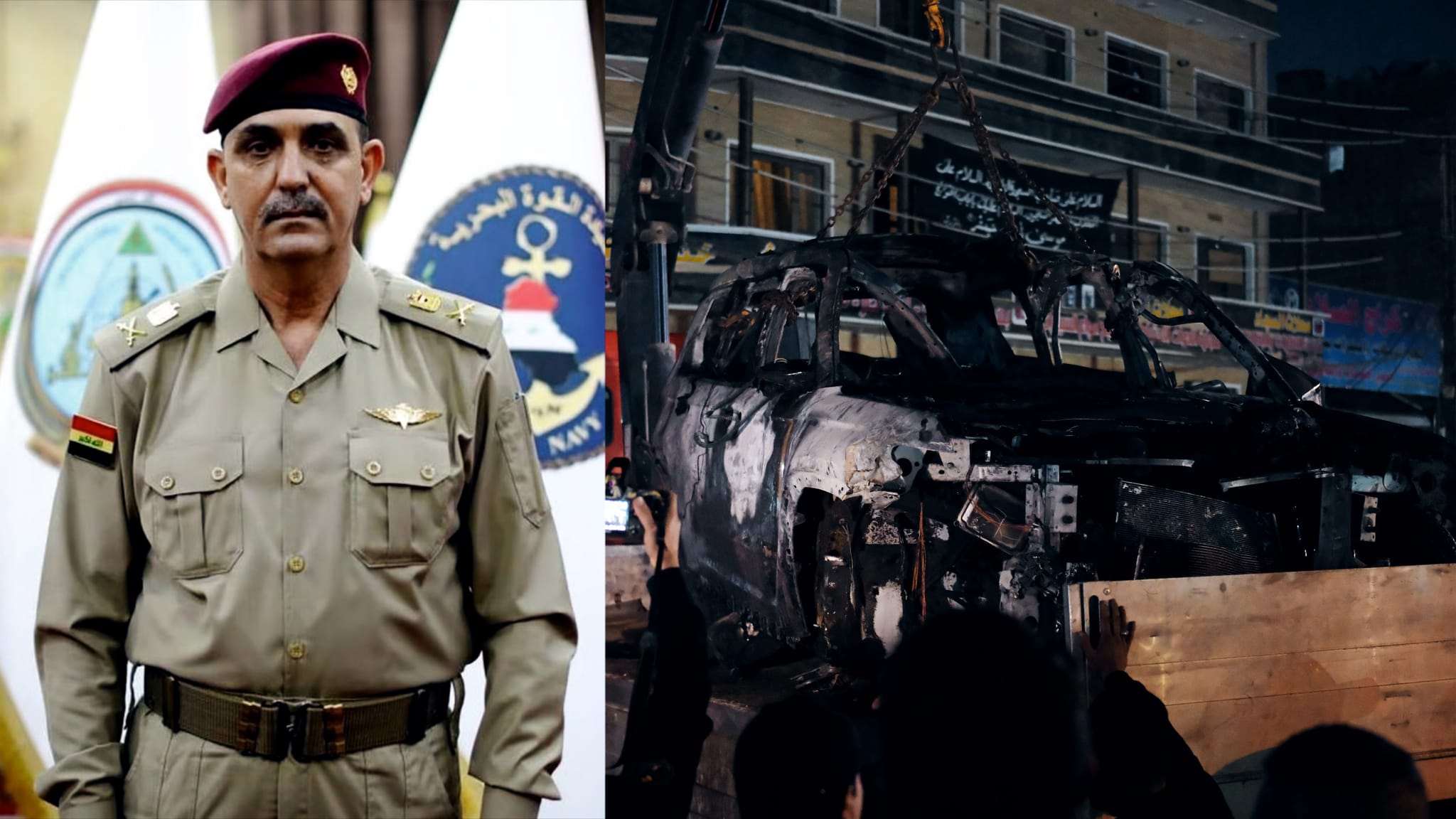 وێنەی ئەو ئۆتۆمبێلەی شەوی ڕابردوو لە بەغدا کرایە ئامانج و لیوا یەحیا ڕەسووڵ، گوتەبێژی فەرماندەی هێزە چەکدارەکانی عێراق